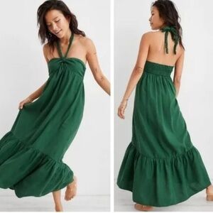 Aerie Halter Neck Braided Tie Maxi Dress Linen Green Medium Beachy Boho Vacay